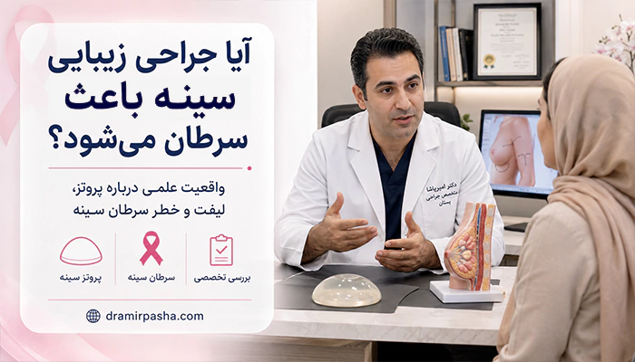 پزشک متخصص پستان در حال مشاوره با بیمار درباره ارتباط جراحی زیبایی سینه، پروتز و خطر سرطان سینه
